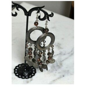 Vintage Boho Coin Chandelier Earrings, Tribal Style Silver Tone Wood Bead Dangle